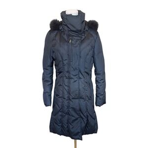 Andrew Marc Womens Long Hooded Down Puffer Coat Size S Fur Trim Winter Black